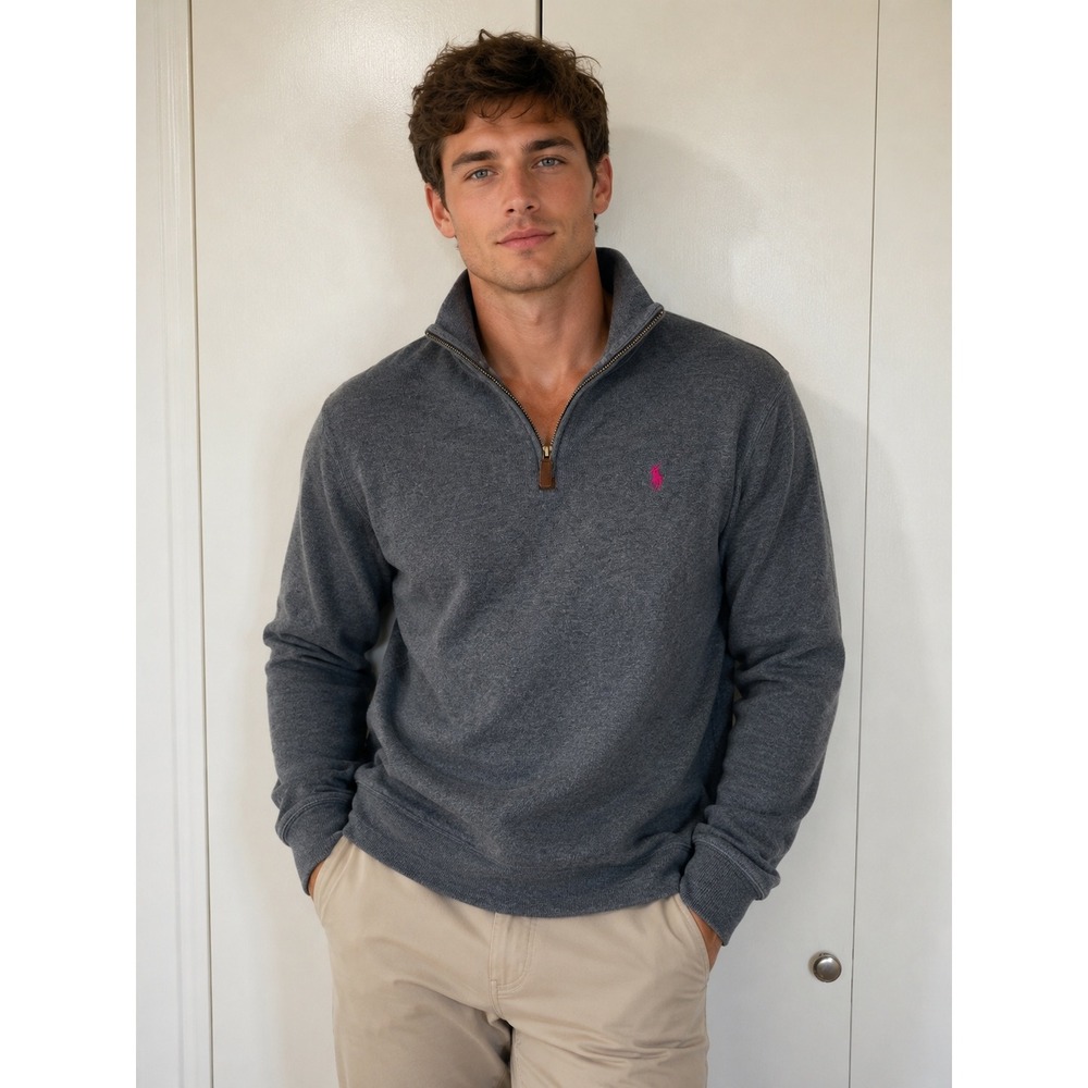Polo Ralph Lauren Men Charcoal Grey Quarter Zip Sweater M old money quiet luxury
